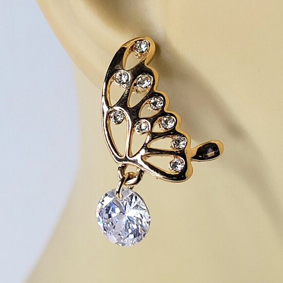 Gold Butterfly Wing Crystal Earrings Small Butterfly Filigree Wing Earrings - Picture 2 of 7